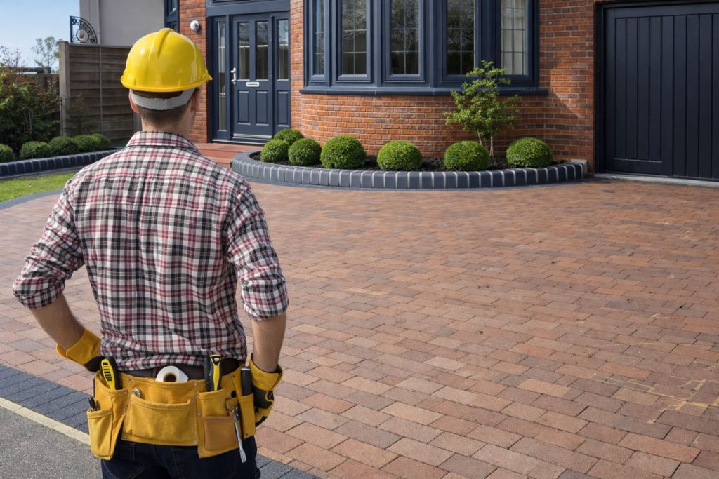 tradesman standing and looking at fresh driveway