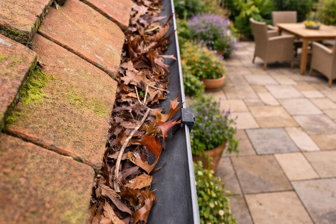 clogged guttering full with leaves - need gutter leaf guard