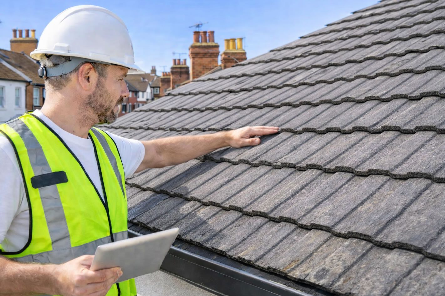 concrete tile roof - roofer inspecting the work