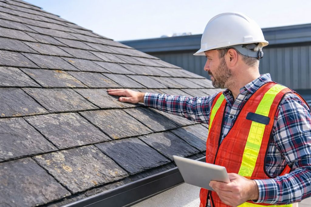 roofer inspecting roofing work - natural tile roof in uk