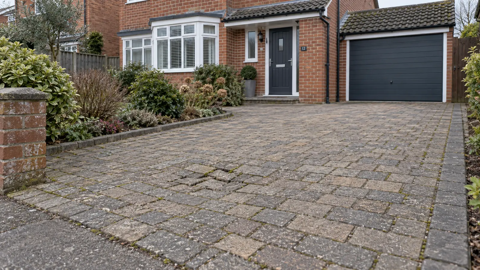 Weathered block-paved driveway with an uneven patch outside a red-brick house.
