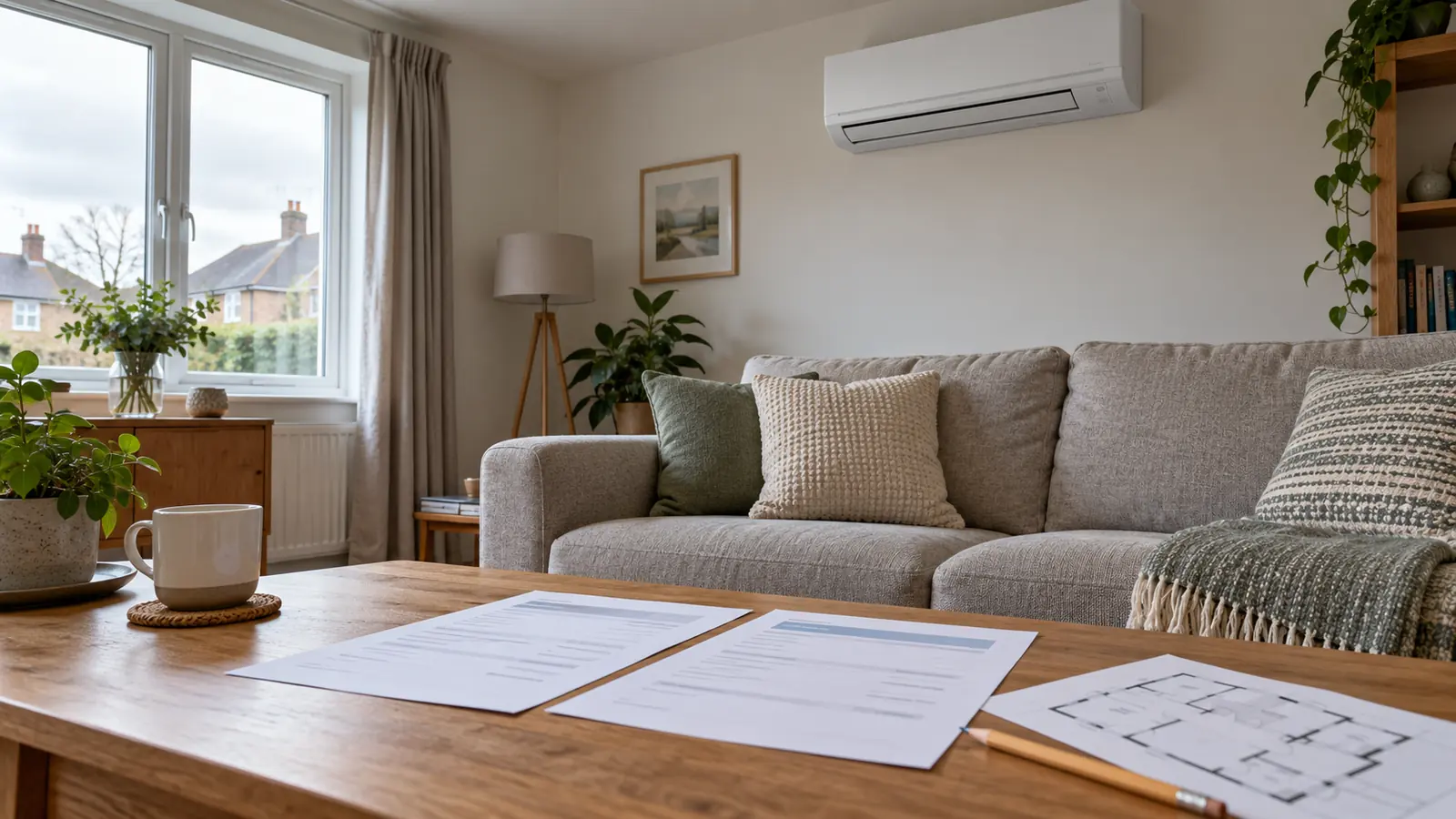 Wall-mounted air conditioning unit above a sofa with two sample quotations on a table.