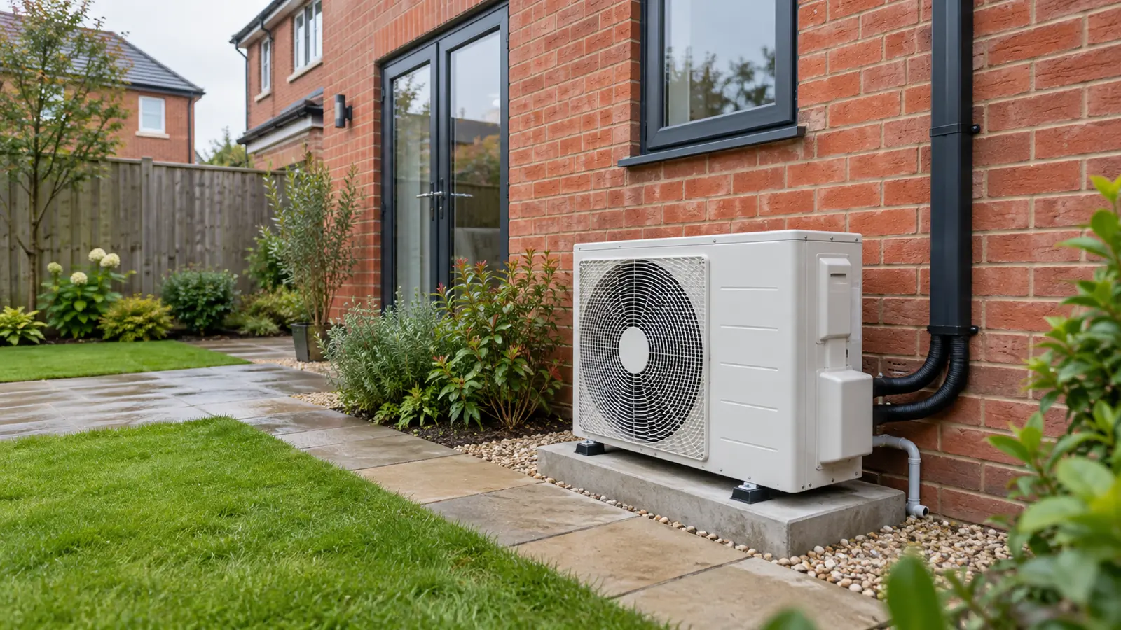 Outdoor air conditioning unit on a base beside a red-brick UK house.